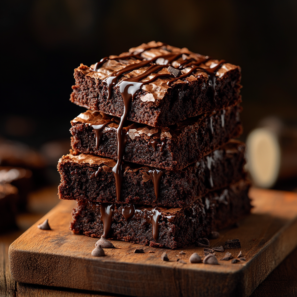 Fudgy banana brownies stacked on a wooden board with melted chocolate drizzle.