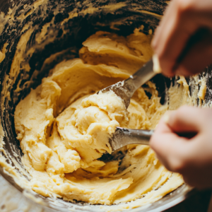 A baker mixing mashed bananas into cookie dough as a butter alternative