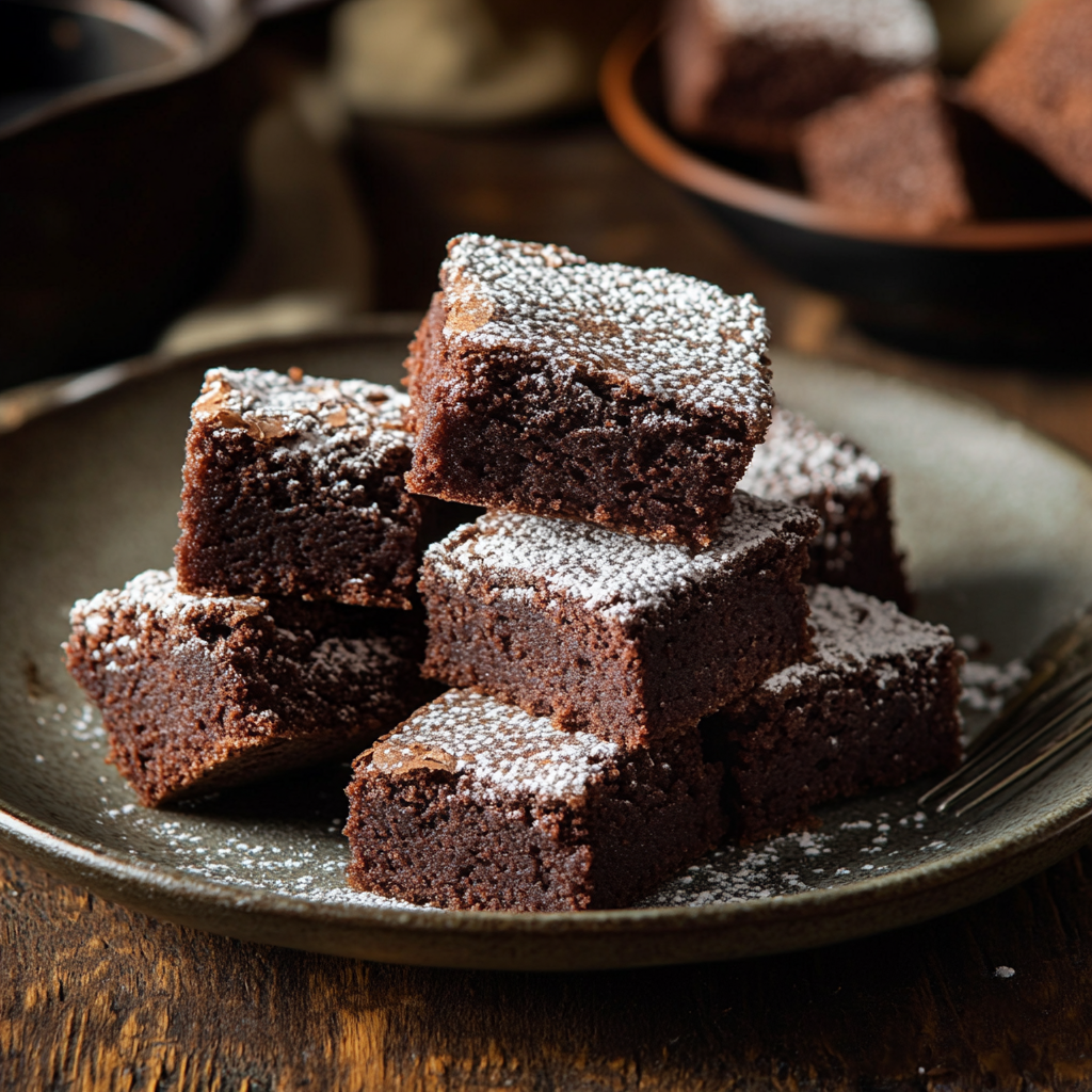 A plate of bite-sized brownies with a rich, fudgy interior, dusted with powdered sugar.
