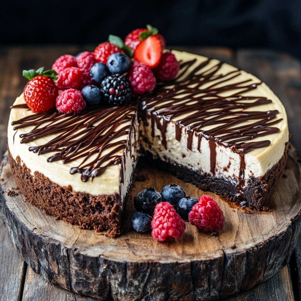 A whole brownie cheesecake with a creamy top and fudgy base