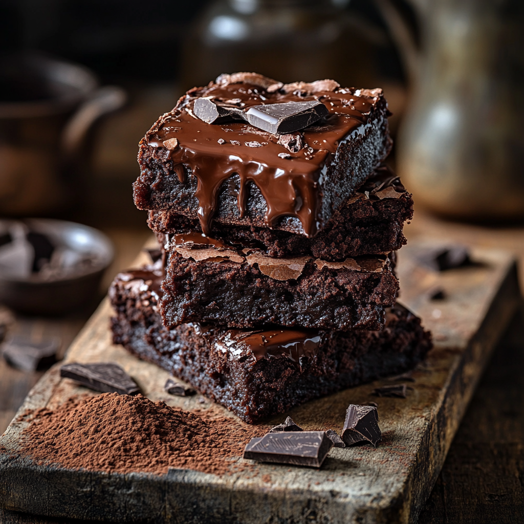 A stack of thick, fudgy Ghirardelli brownies with melted chocolate drizzle on a rustic wooden board.