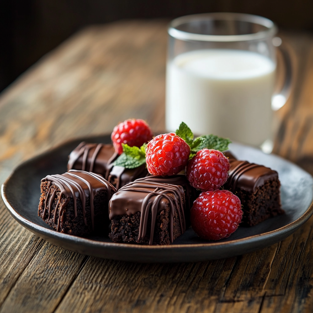 Freshly softened brownie bites served on a dessert plate with melted chocolate drizzle.