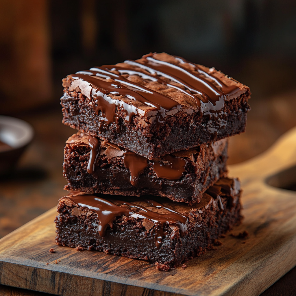 A stack of freshly baked Ghirardelli brownies with a fudgy center and a glossy chocolate drizzle