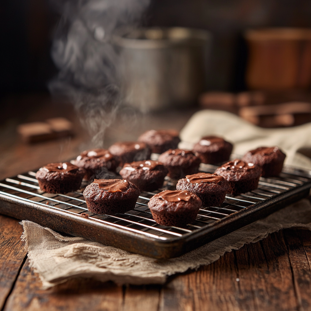 Freshly baked brownie bites cooling on a wire rack, ready to serve