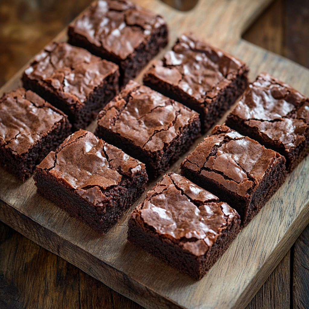 Freshly baked fudgy brownies cut into squares on a wooden board.
