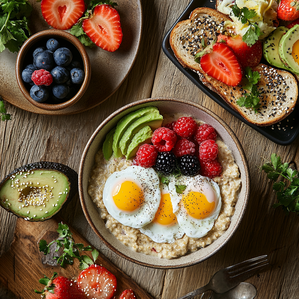 A nutritious breakfast spread with oatmeal, eggs, avocado toast, and fresh fruits on a wooden table