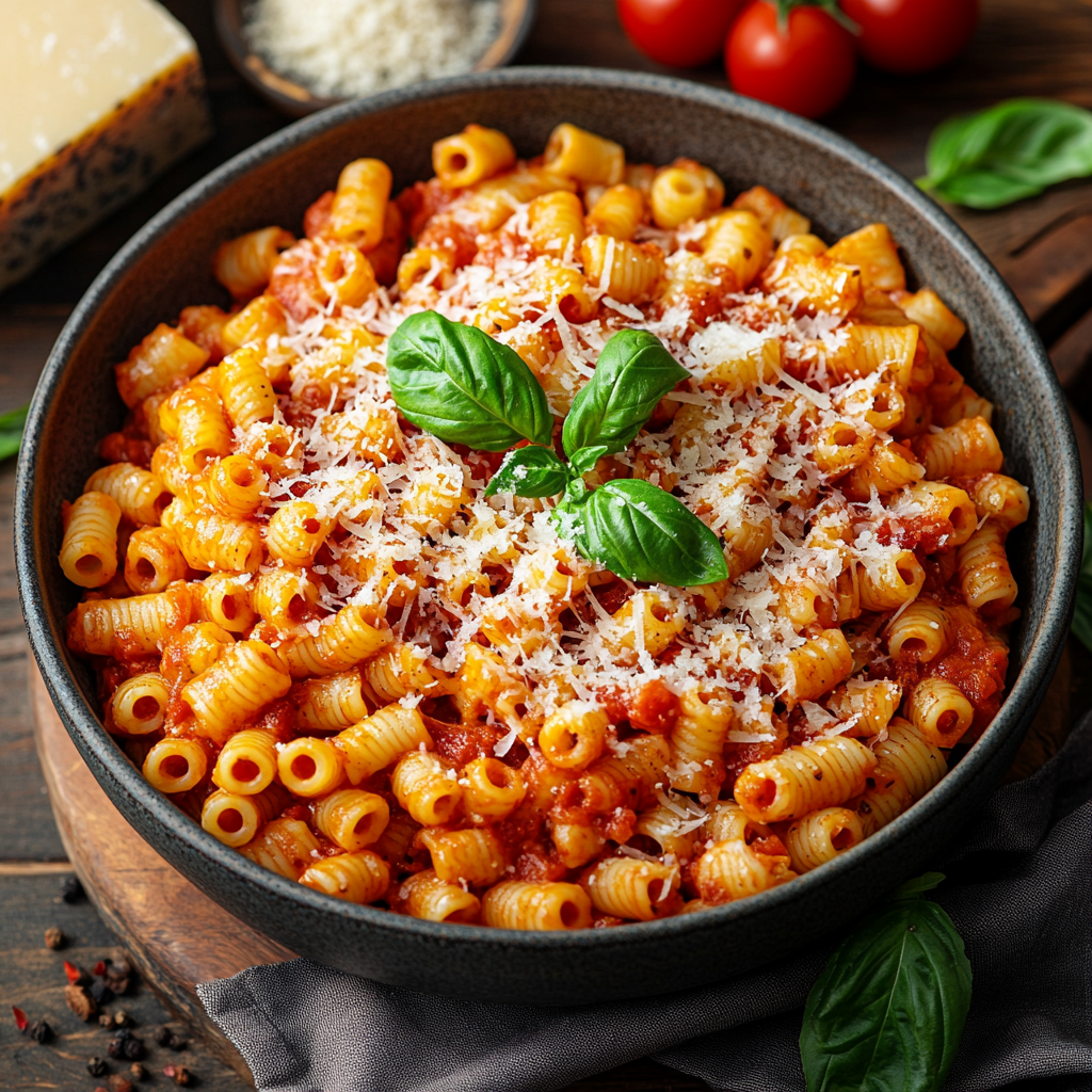 A bowl of authentic Italian ditalini pasta with tomato sauce, Parmesan cheese, and fresh basil, served on a rustic wooden table.