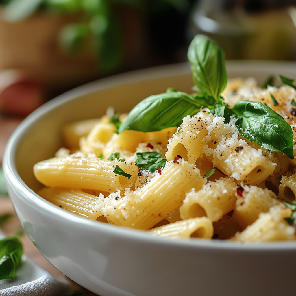 A bowl of perfectly cooked rigate penne pasta with Parmesan and basil.