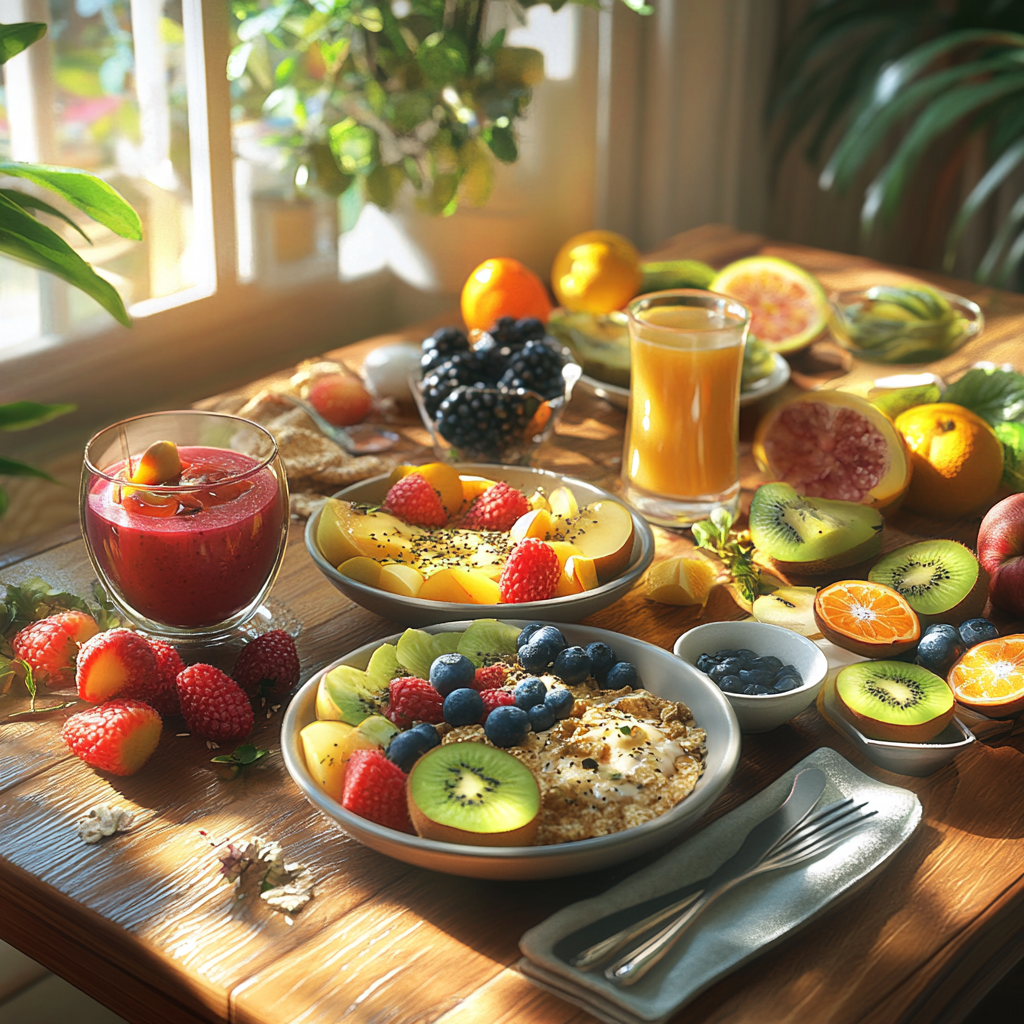 A colorful breakfast spread featuring fresh fruits, oatmeal, and a smoothie bowl.