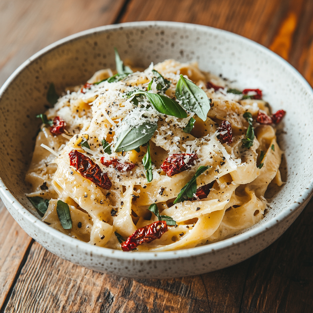 A creamy Marry Me Pasta dish with sun-dried tomatoes and basil served in a white bowl