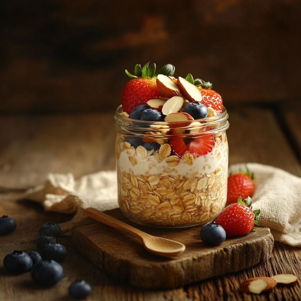 A jar of creamy overnight oats topped with fresh berries, nuts, and honey, placed on a rustic wooden table.