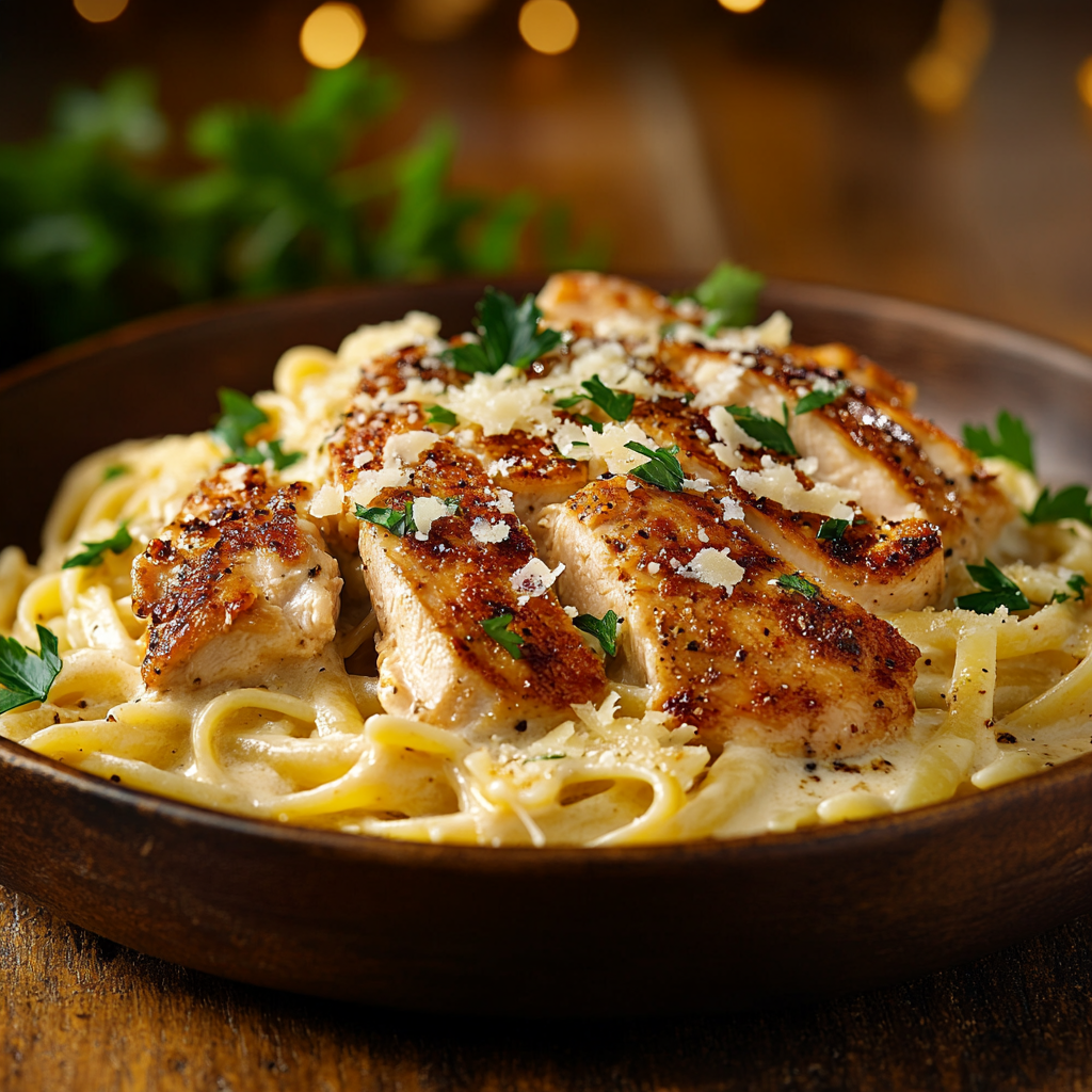 A delicious plate of creamy chicken pasta garnished with fresh parsley and parmesan cheese