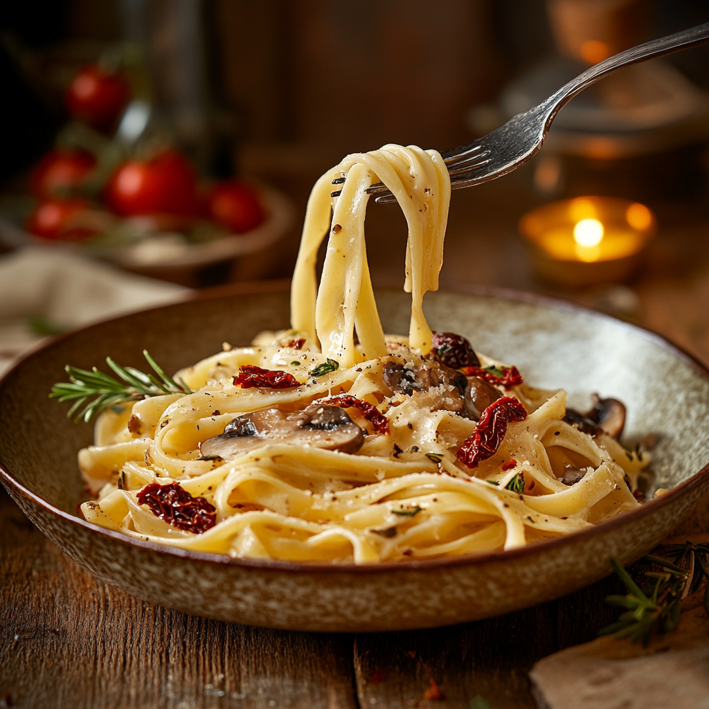 A creamy plate of vegetarian Marry Me Pasta with a fork twirling the pasta, set against a rustic background.