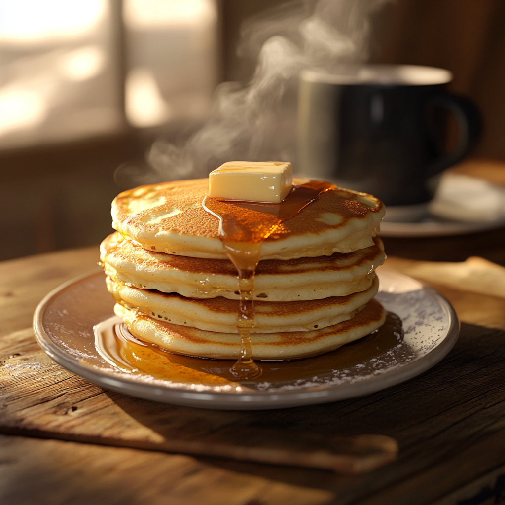 Stack of golden brown pancakes with syrup and butter on a rustic breakfast table
