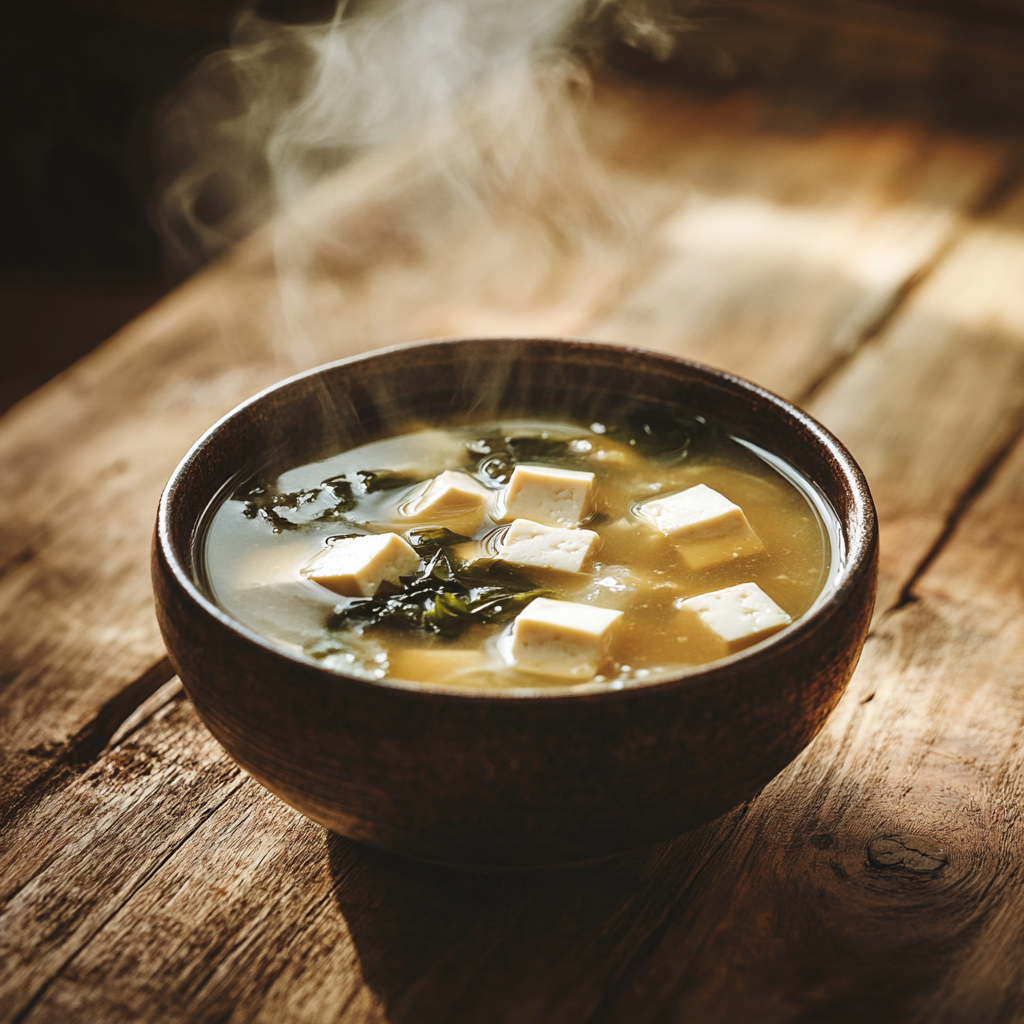 Alt Text: A warm bowl of miso soup with tofu and seaweed, served on a wooden breakfast table with sunlight streaming in.