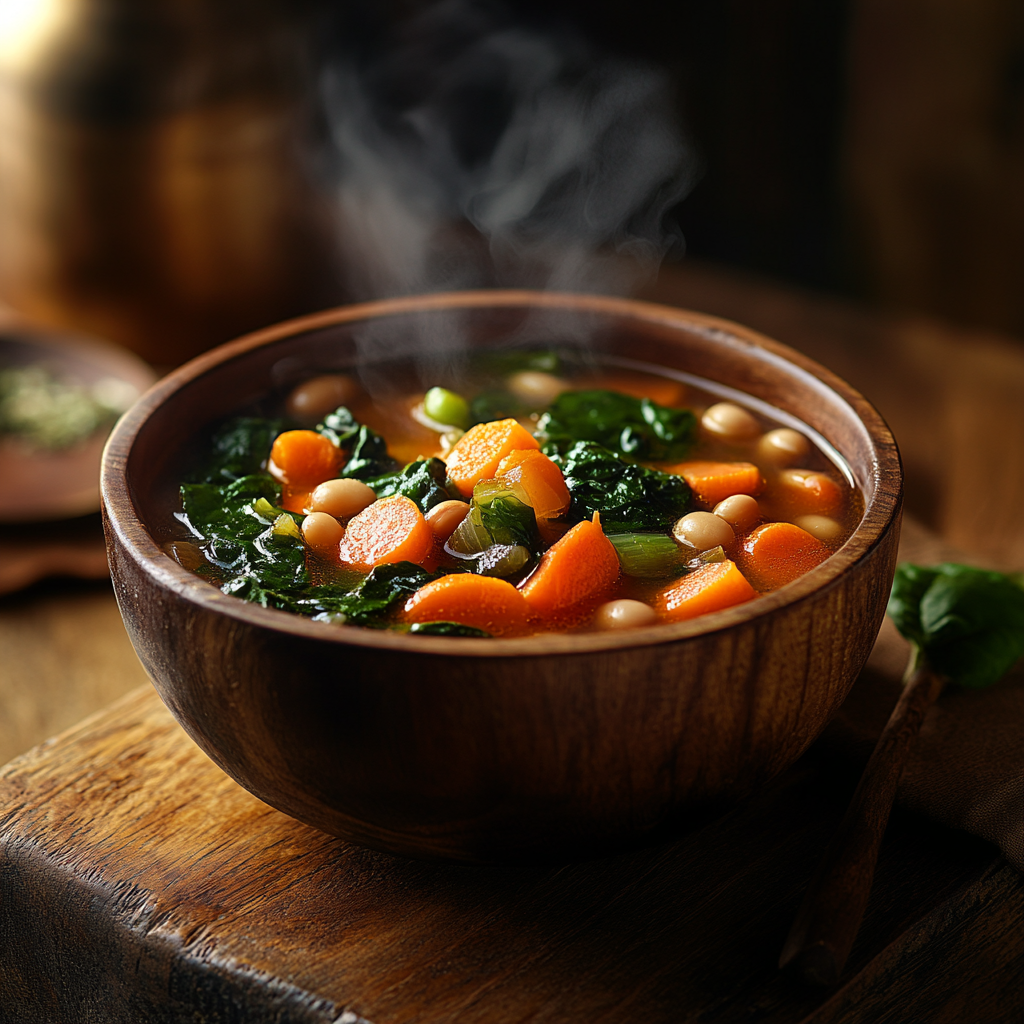 A bowl of steaming vegetable soup with fresh herbs, served on a rustic wooden table.
