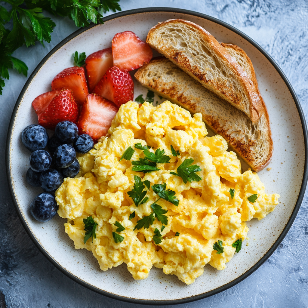 A delicious plate of scrambled eggs with fresh herbs and toast.