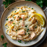 A top-down view of a creamy salmon pasta recipe with Parmesan and fresh herbs.