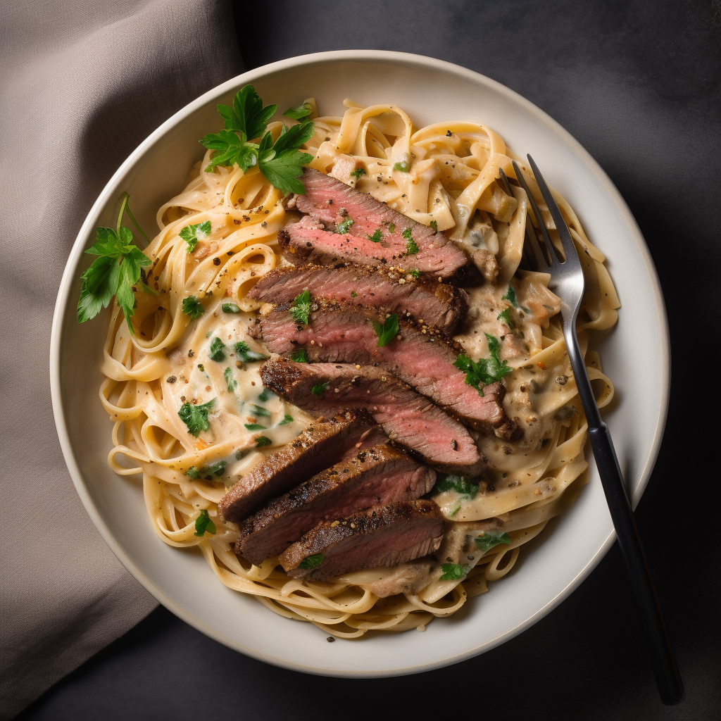 Creamy steak pasta with garlic-Parmesan sauce served in a bowl