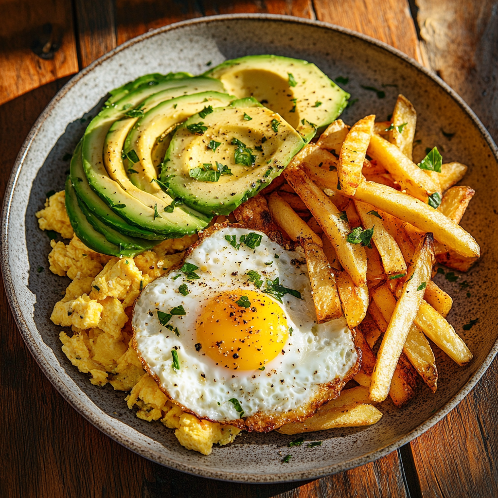 A delicious breakfast plate with crispy fries, scrambled eggs, and avocado on a rustic wooden table.