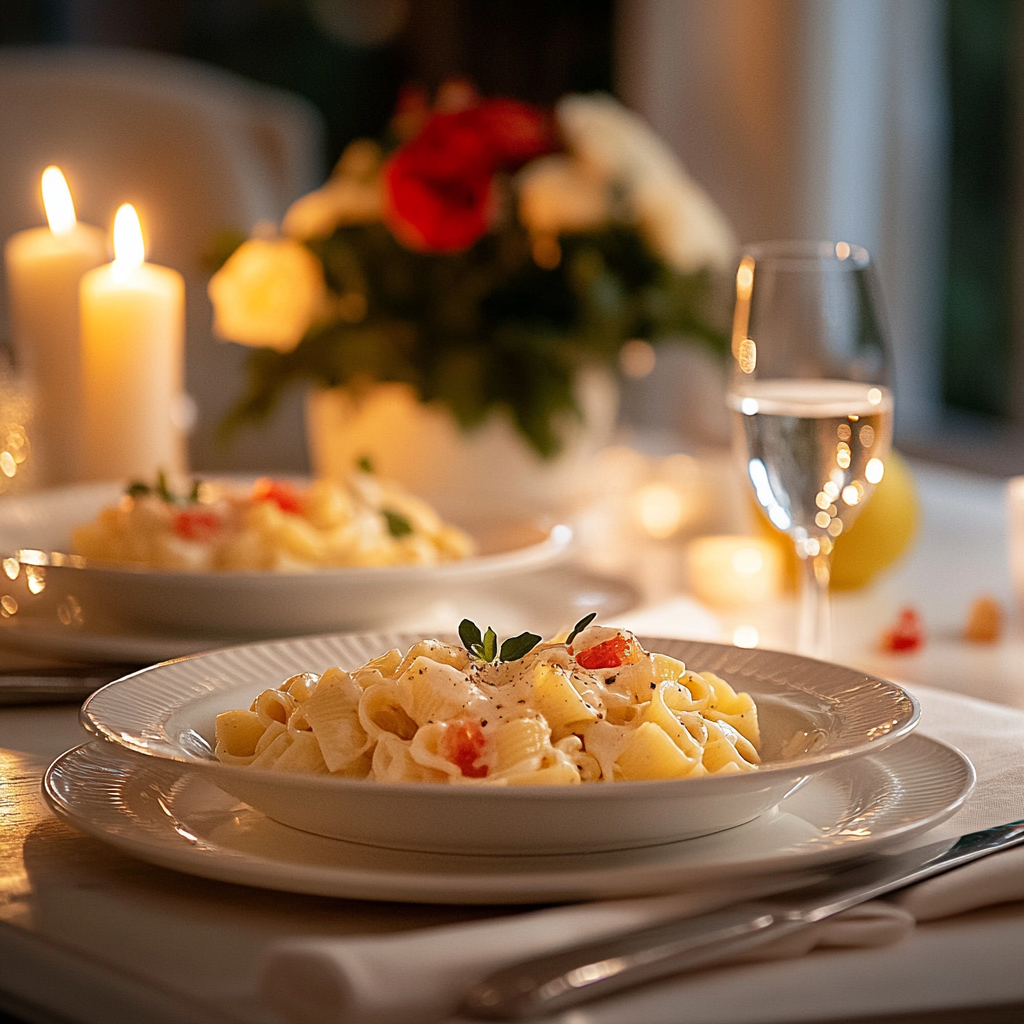 A romantic dinner setting with Marry Me Pasta served on a table