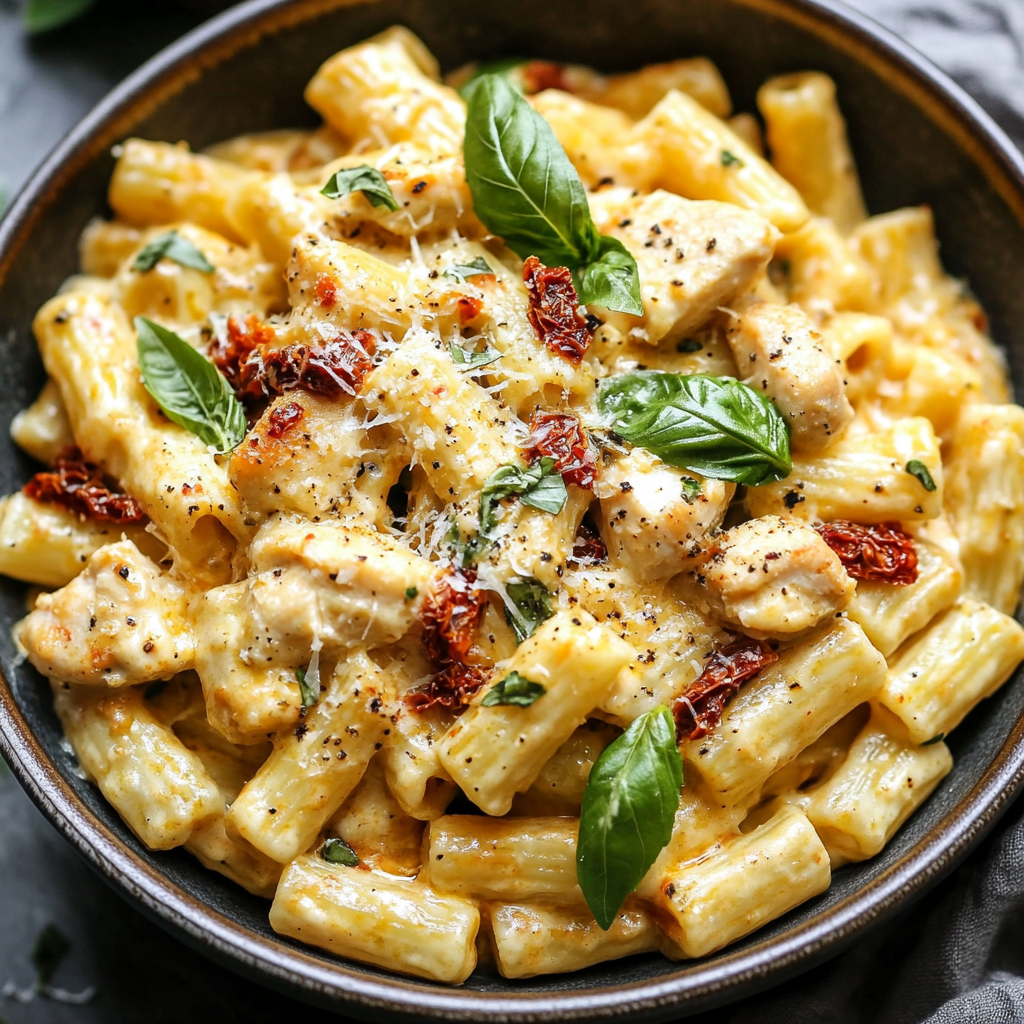 Creamy Marry Me Pasta with Chicken garnished with fresh basil and parmesan.