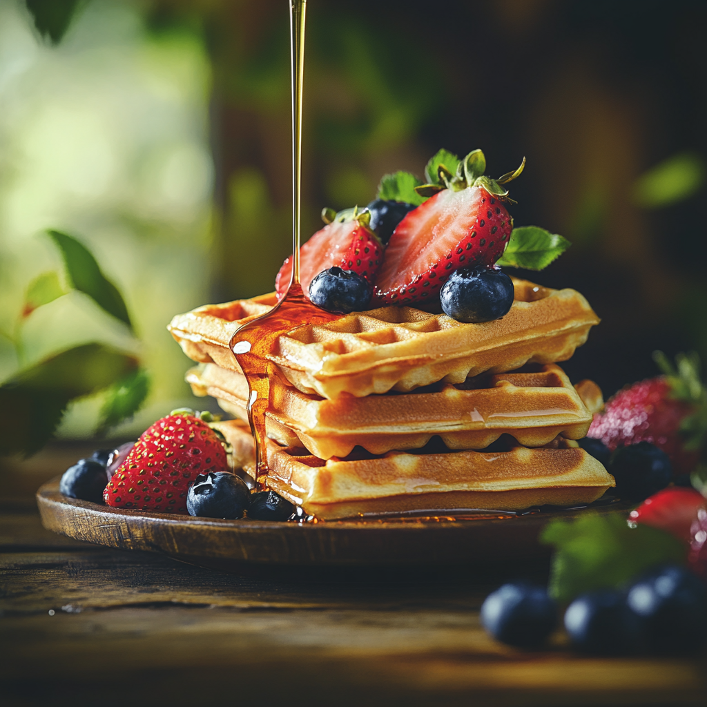 Golden brown waffles stacked with fresh berries and a drizzle of honey, served on a rustic breakfast table