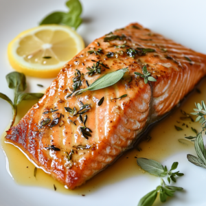 Brown sugar-glazed salmon fillet with a caramelized crust