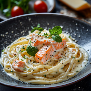 A bowl of creamy salmon pasta with a rich Alfredo sauce, garnished with herbs.
