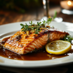 A beautifully plated salmon fillet with a rich, flavorful sauce