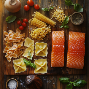 Different pasta types arranged on a wooden board next to fresh salmon fillets.