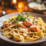 A beautifully plated salmon pasta dish with a creamy sauce, fresh herbs, and Parmesan cheese.