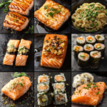 A variety of salmon dishes including grilled, baked, and sushi salmon